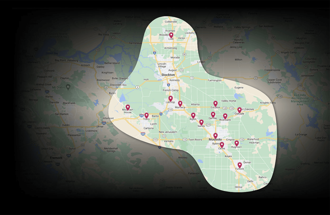 Service area for TMC Heating & Cooling, covering Modesto and throughout Stanislaus County.
